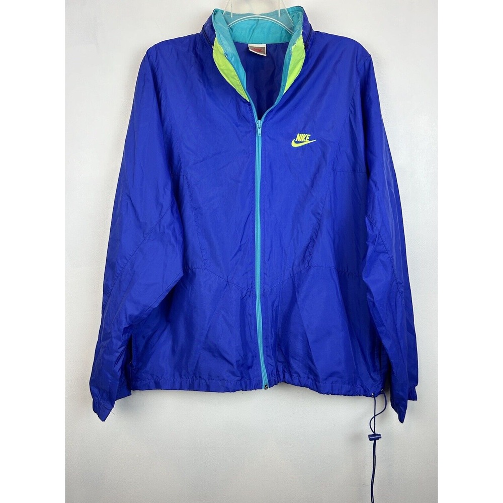 Nike Windbreaker Mens L Vtg Full Zip 90s Color Block Blue Roll Up Hood Vented